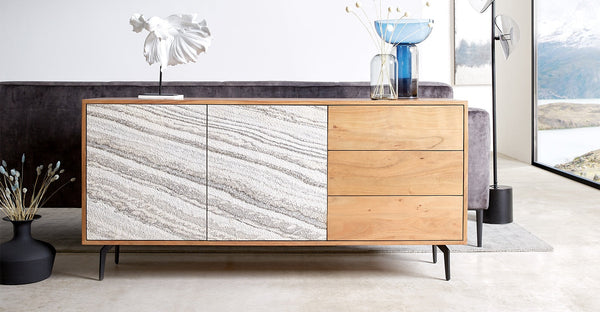 Kleo furniture collection with natural stone veneer showcasing modern, elegant designs for contemporary interiors.