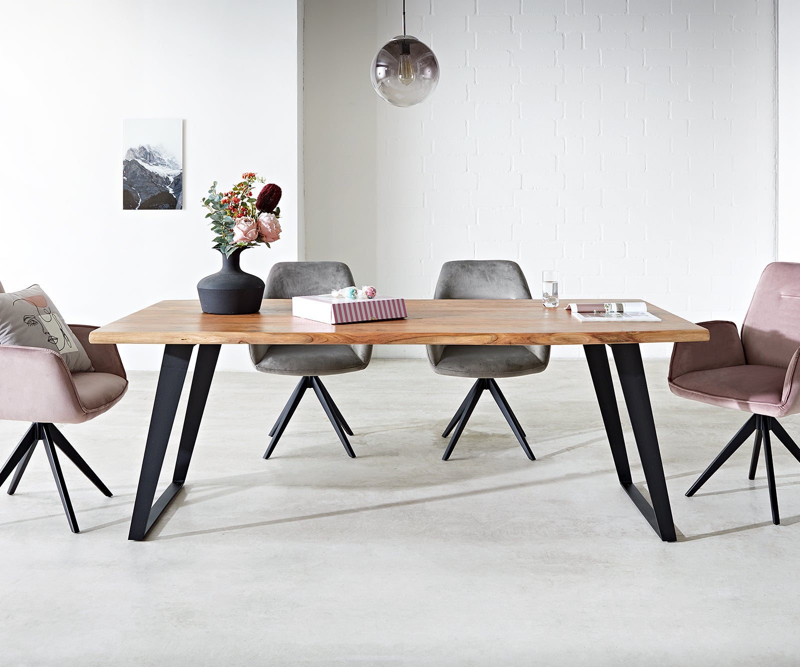 Dining Table Olympus Live Edge Acacia Wood Natural Slanted Frame Black 140-300cm