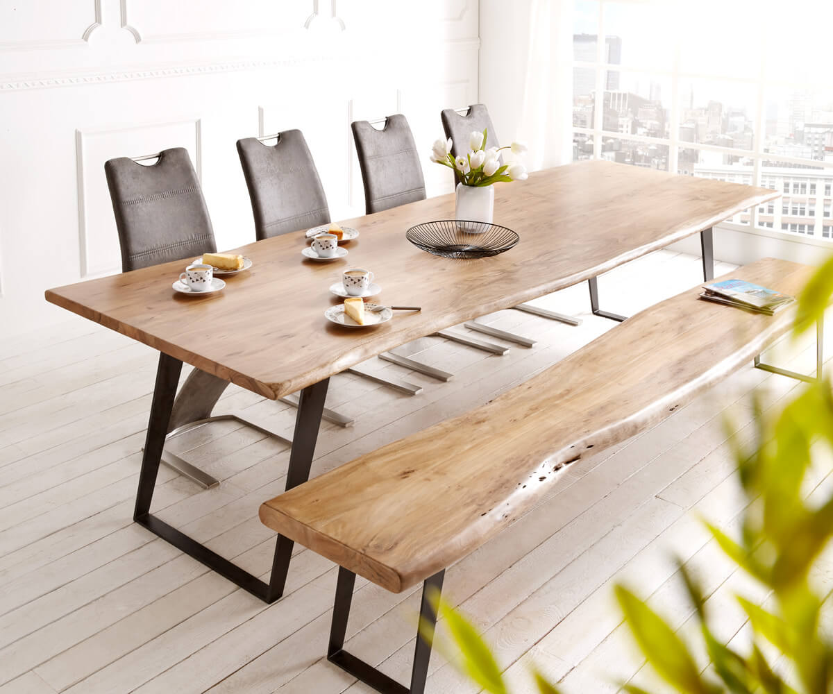 Dining Table Olympus Live Edge Acacia Wood Natural Slanted Frame Black 140-300cm