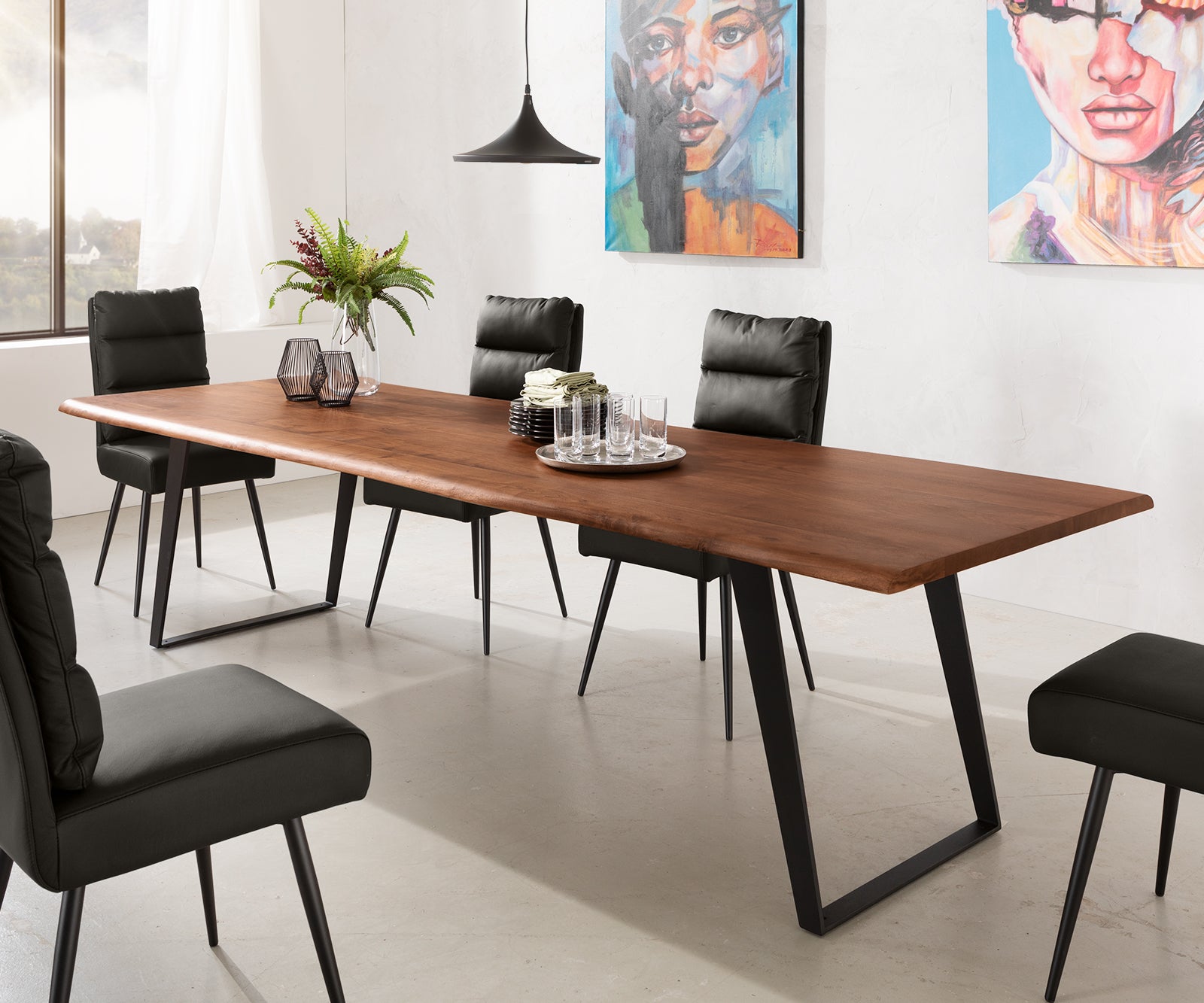 Dining Table Olympus Live Edge Acacia Wood Brown Slanted Frame Black 200-300cm