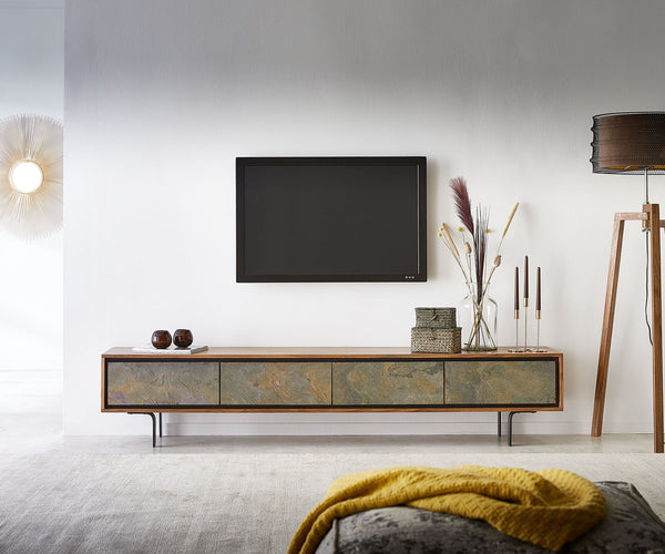 TV Stand Juwelo 200 cm 4 Doors Acacia Wood Natural With Stone Veneer