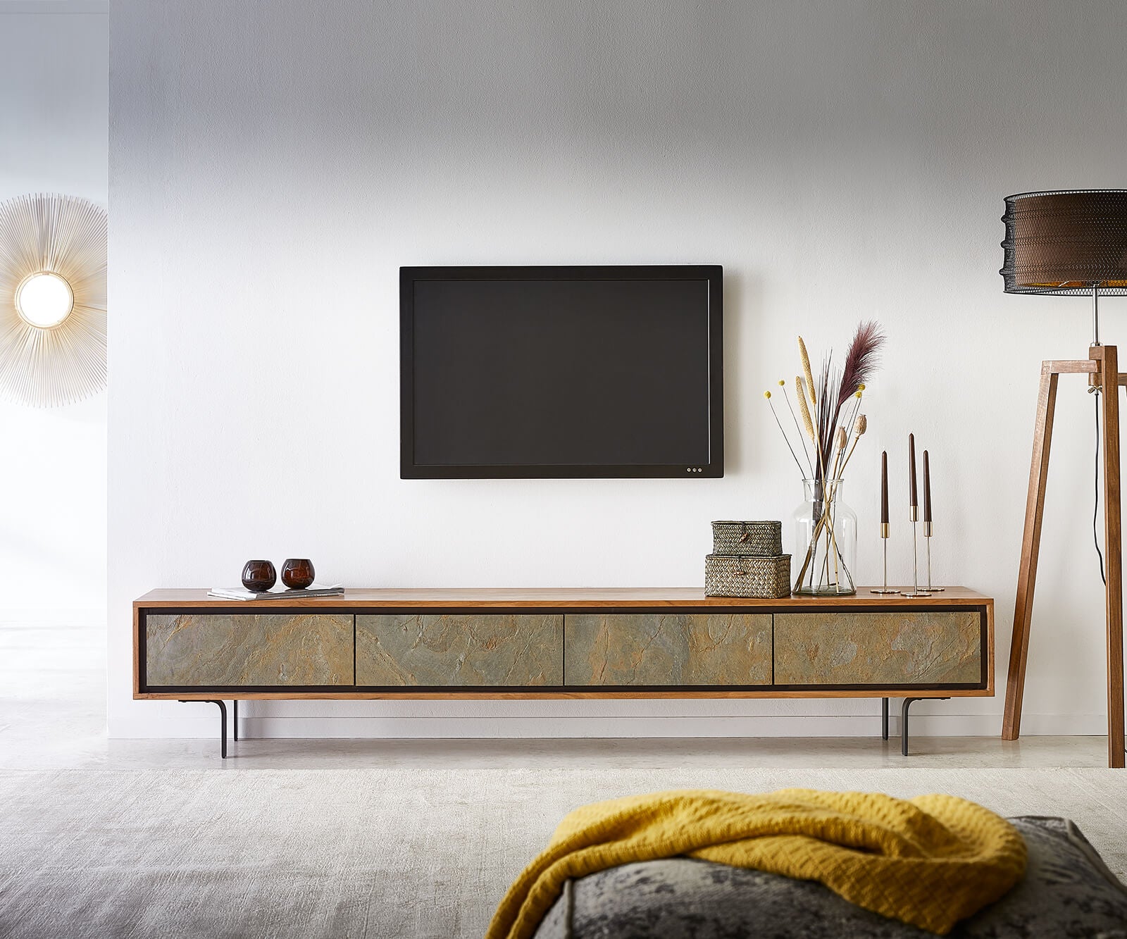 220cm acacia wood lowboard with natural stone veneer front, ideal for modern living rooms and as a stylish TV stand