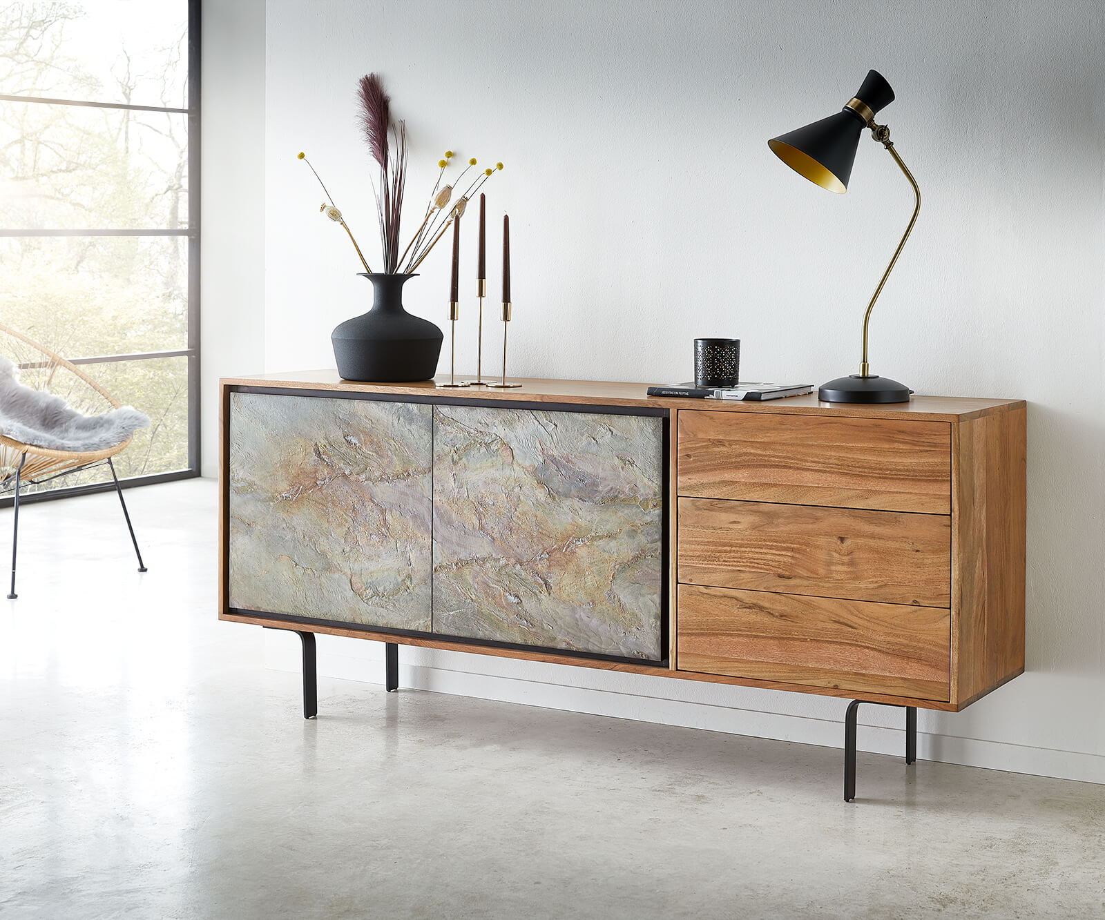 Sideboard Juwelo 175 cm 2 Doors 3 Drawers Acacia Wood Natural Stone Veneer