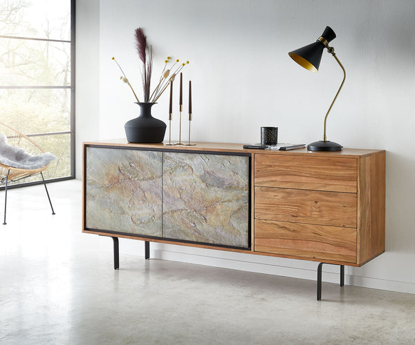 Sideboard Juwelo 175 cm 2 Doors 3 Drawers Acacia Wood Natural Stone Veneer