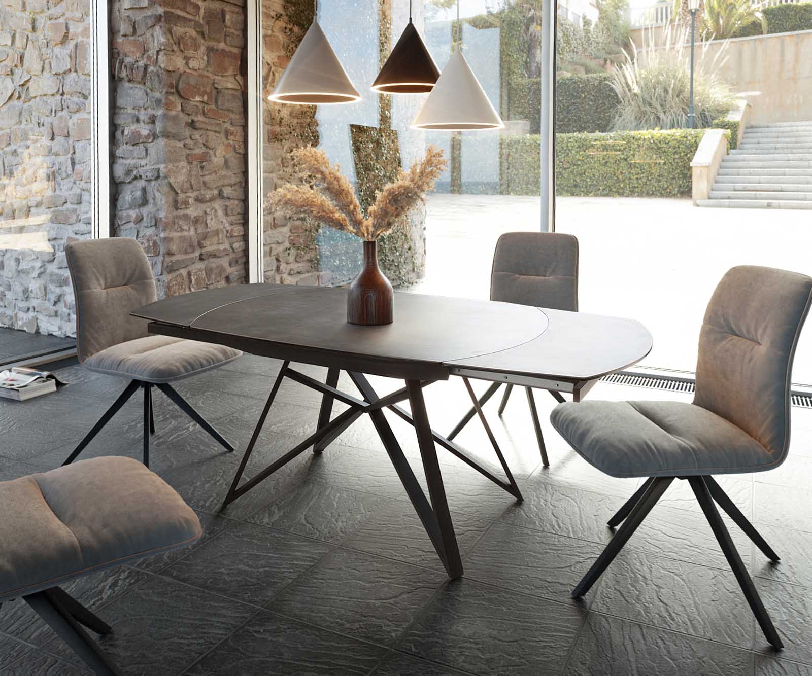 Dining Table Carlow Extendable Ceramic 130-200cm Grey Spider Frame Steel