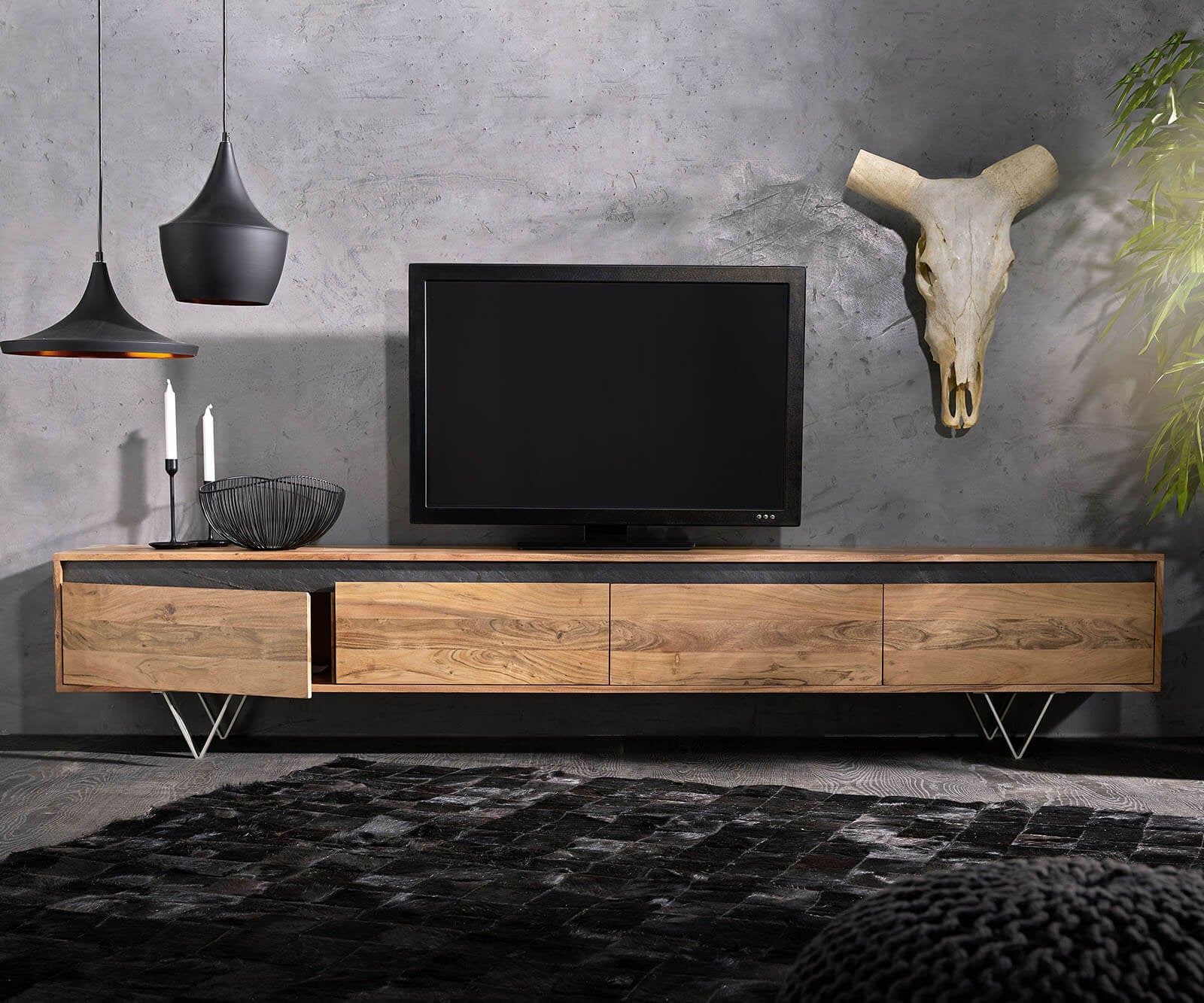 TV Stand Stonegrace 240 cm 4 Doors Acacia Wood Natural Slate