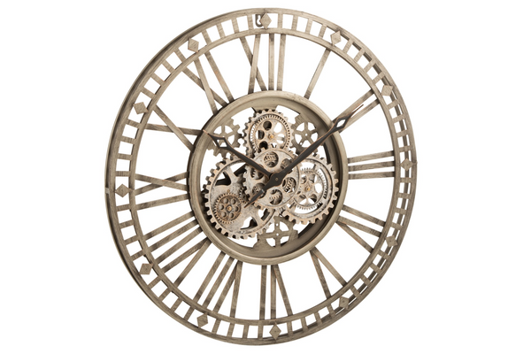 Wall Clock Roman Numerals Visible Mechanism 60cm Metal Antique Gold