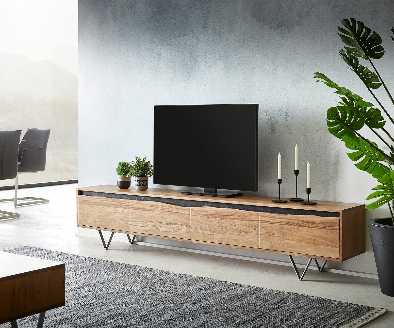 TV Stand Stonegrace 220X35 cm 4 Doors Acacia Wood Natural