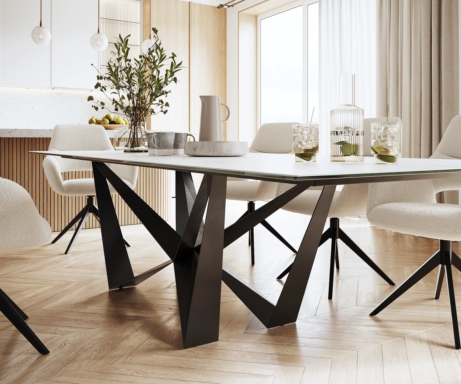 Dining Table Aurora Ceramic White Spider Frame Black 200-300cm