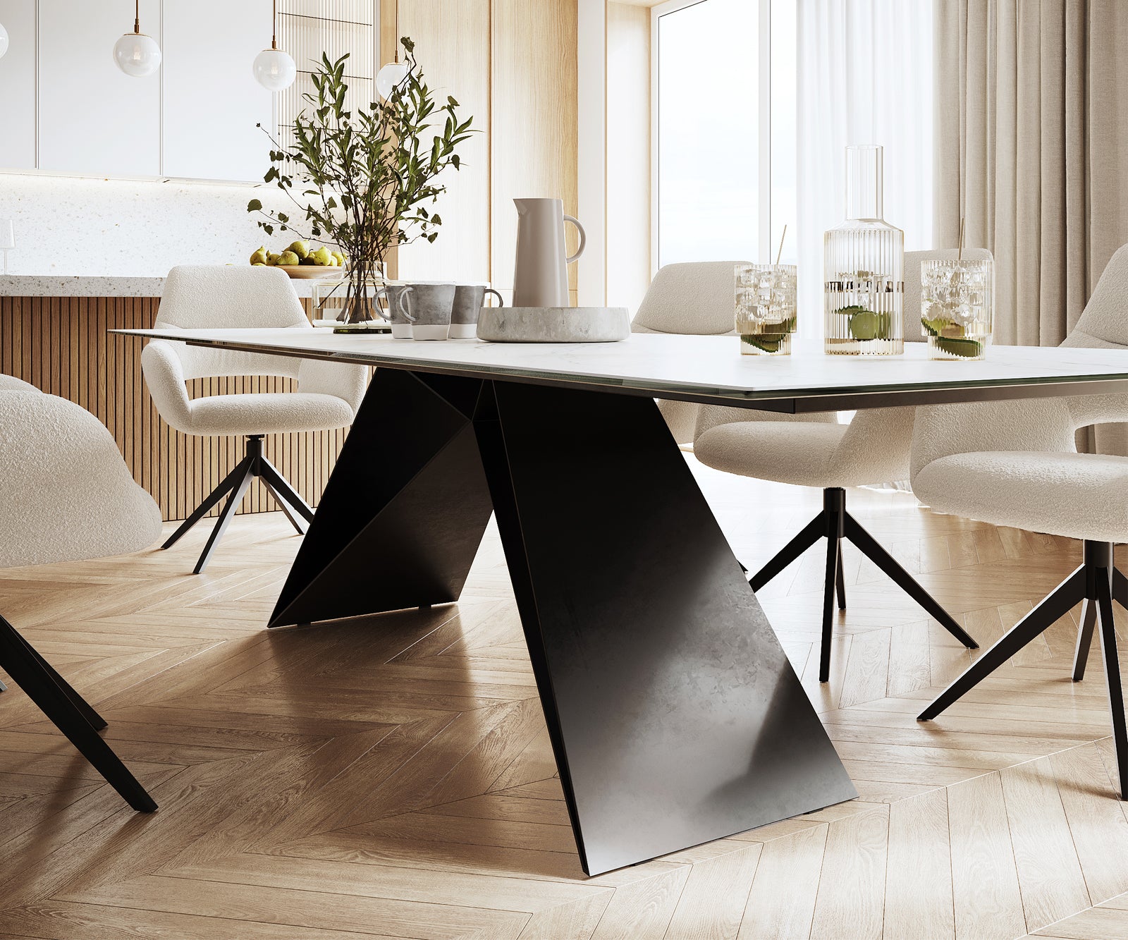 Dining Table Aurora Ceramic White V Frame Black 200-300cm