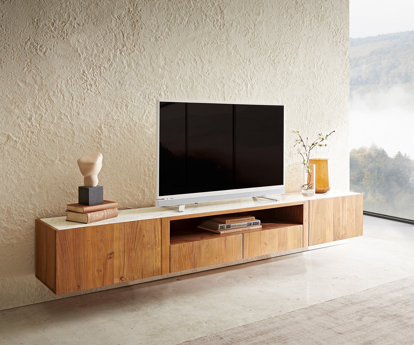 Floating TV Stand Secara 220cm Acacia Wood Natural 2 Doors 2 Compartments