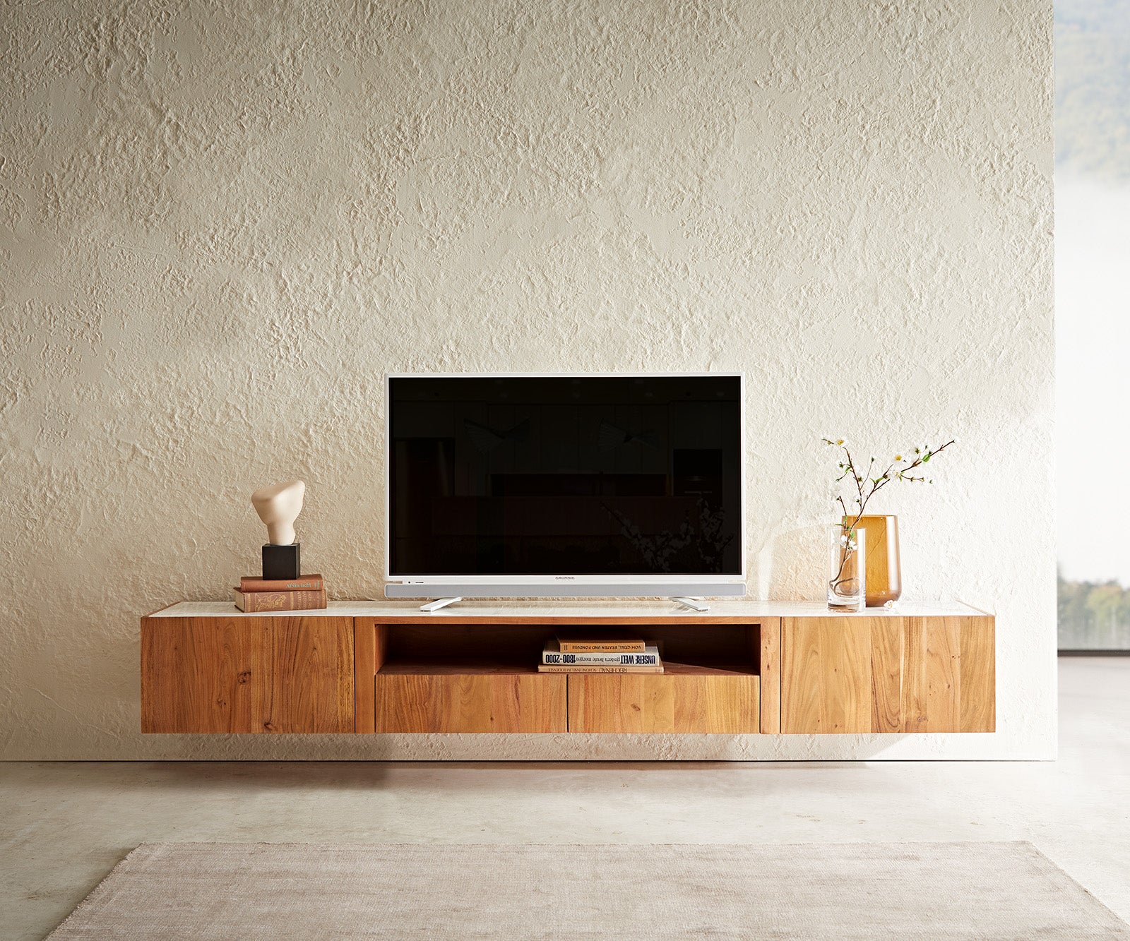 Floating TV Stand Secara 220cm Acacia Wood Natural 2 Doors 2 Compartments