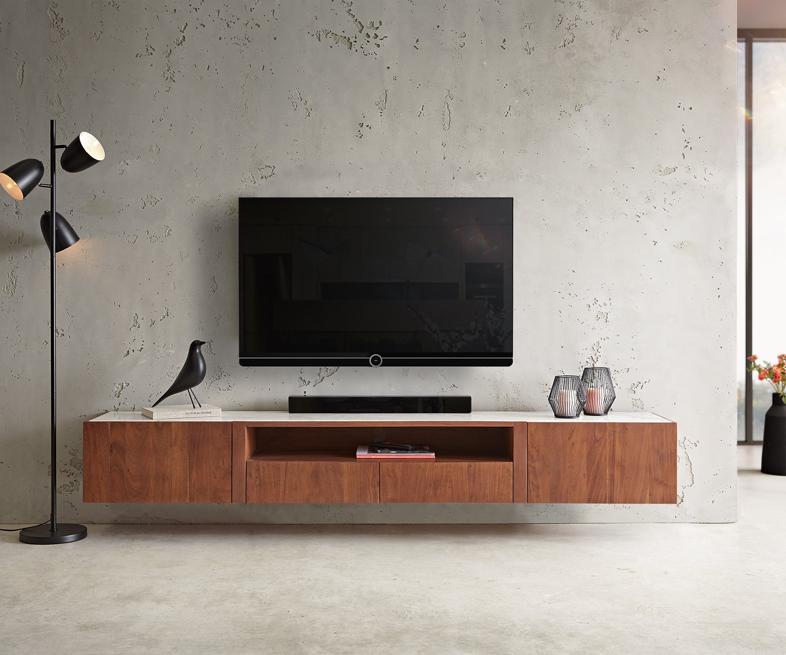 Floating TV Stand Secara 220cm Acacia Wood Brown 2 Doors 2 Compartments