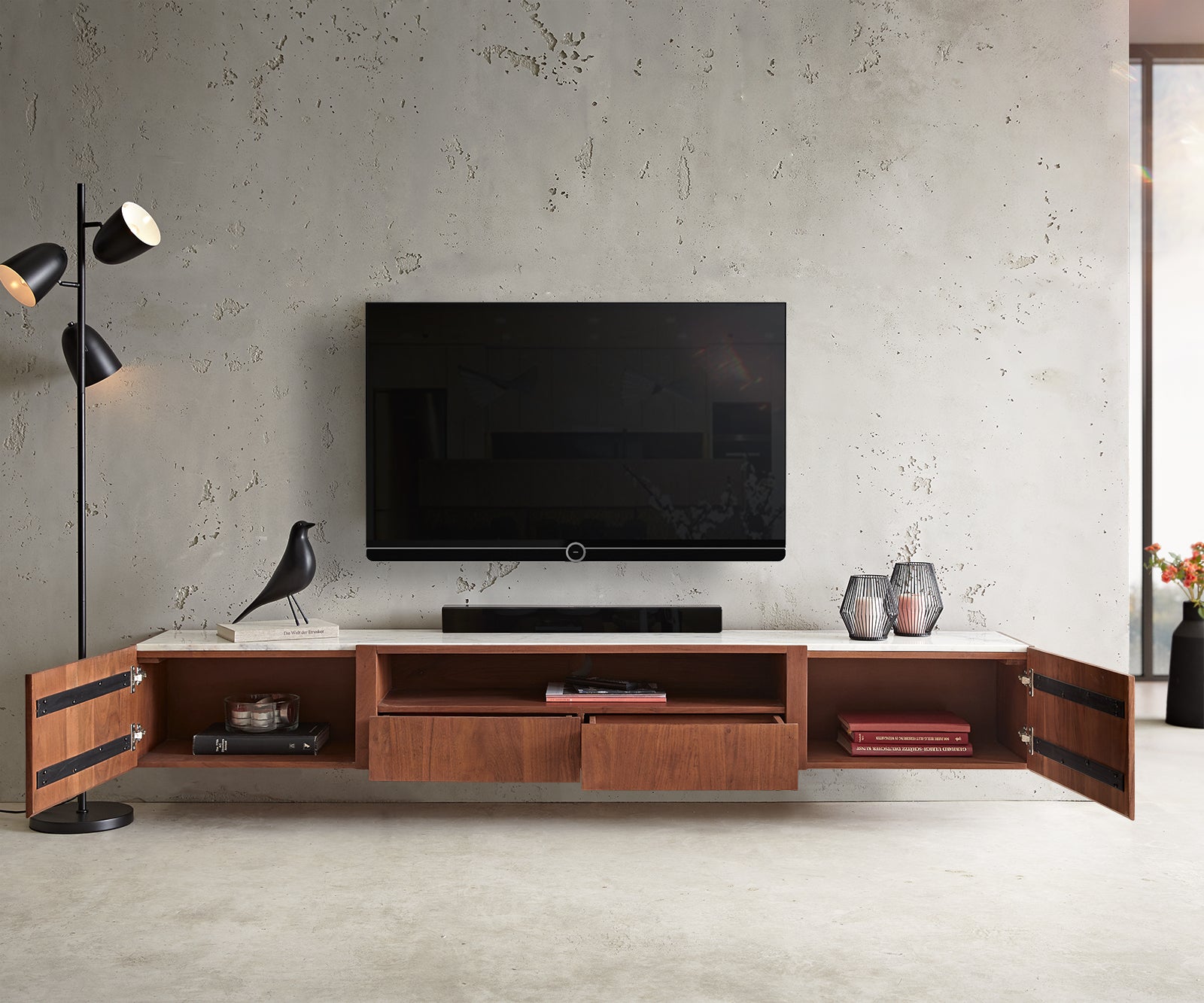 Floating TV Stand Secara 220cm Acacia Wood Brown 2 Doors 2 Compartments