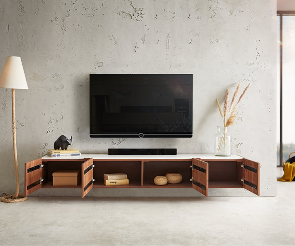 Floating TV Stand Secara 200cm Acacia Wood Brown 4 Doors