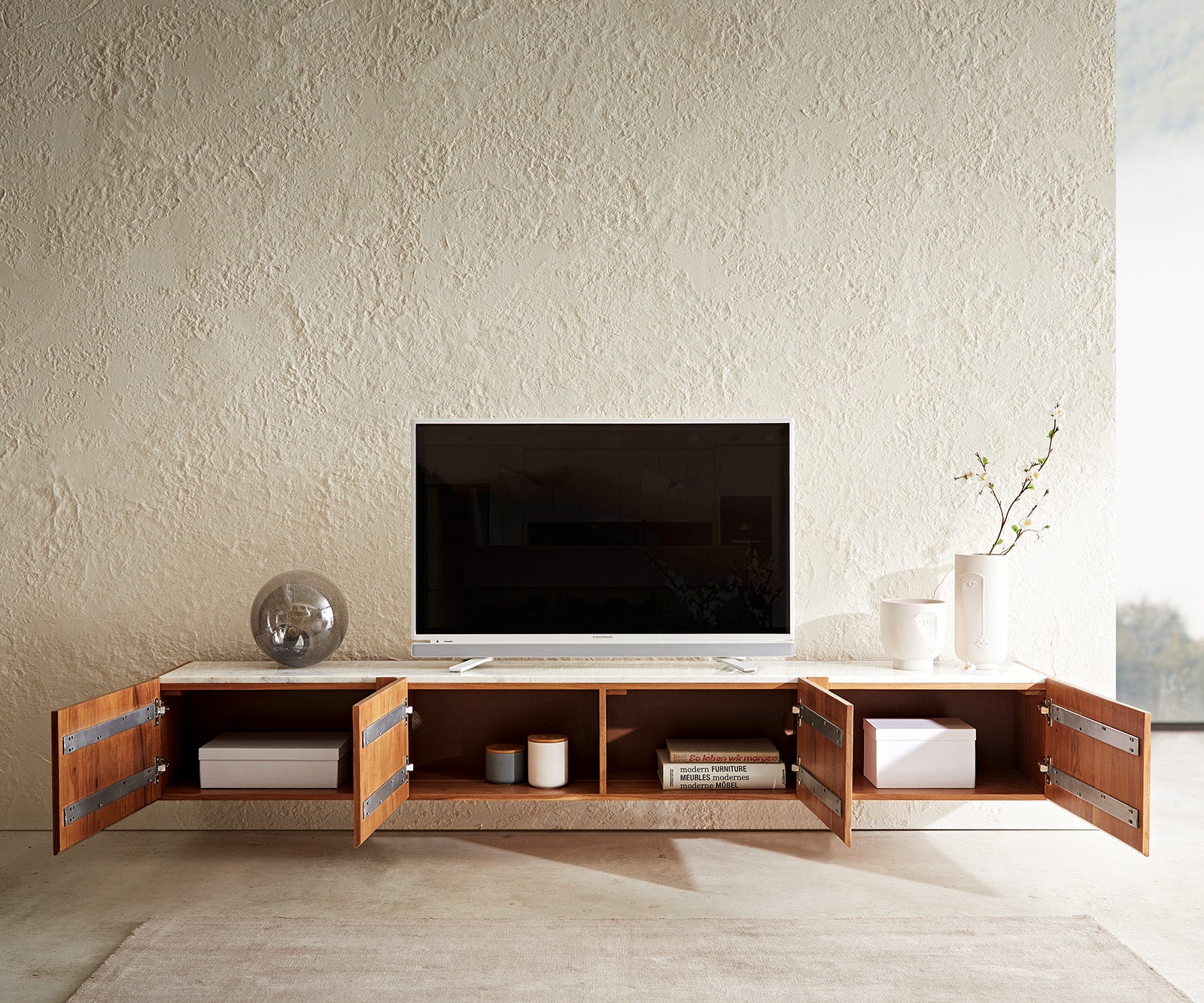 Floating TV Stand Secara 220cm Acacia Wood Natural 4 Doors