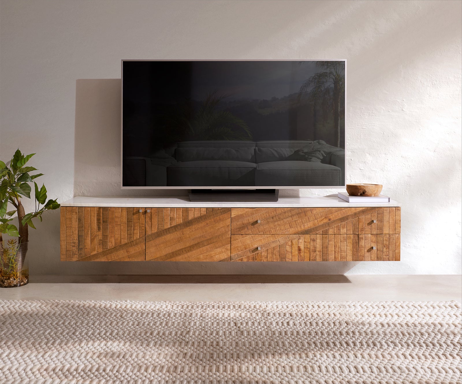 Floating TV Stand Bahan 175 cm Mango Wood Teak Marble Top