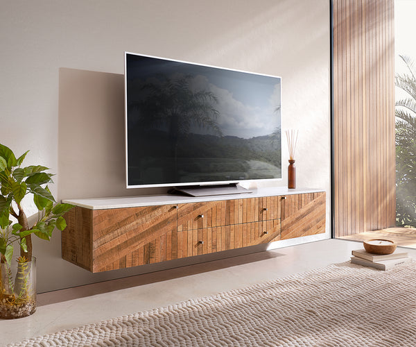 Floating TV Stand Bahan 175 cm Centre Drawers Mango Wood Teak Marble Top