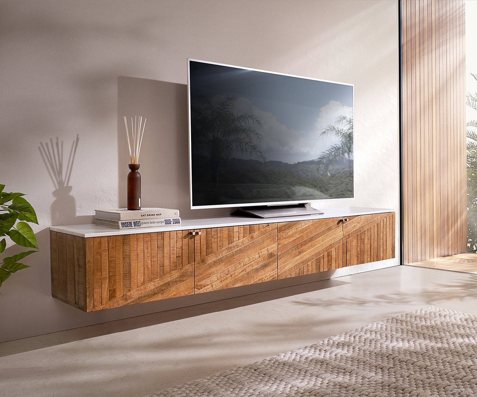 Floating TV Stand Bahan 200 cm 4 Doors Mango Wood Teak Marble Top