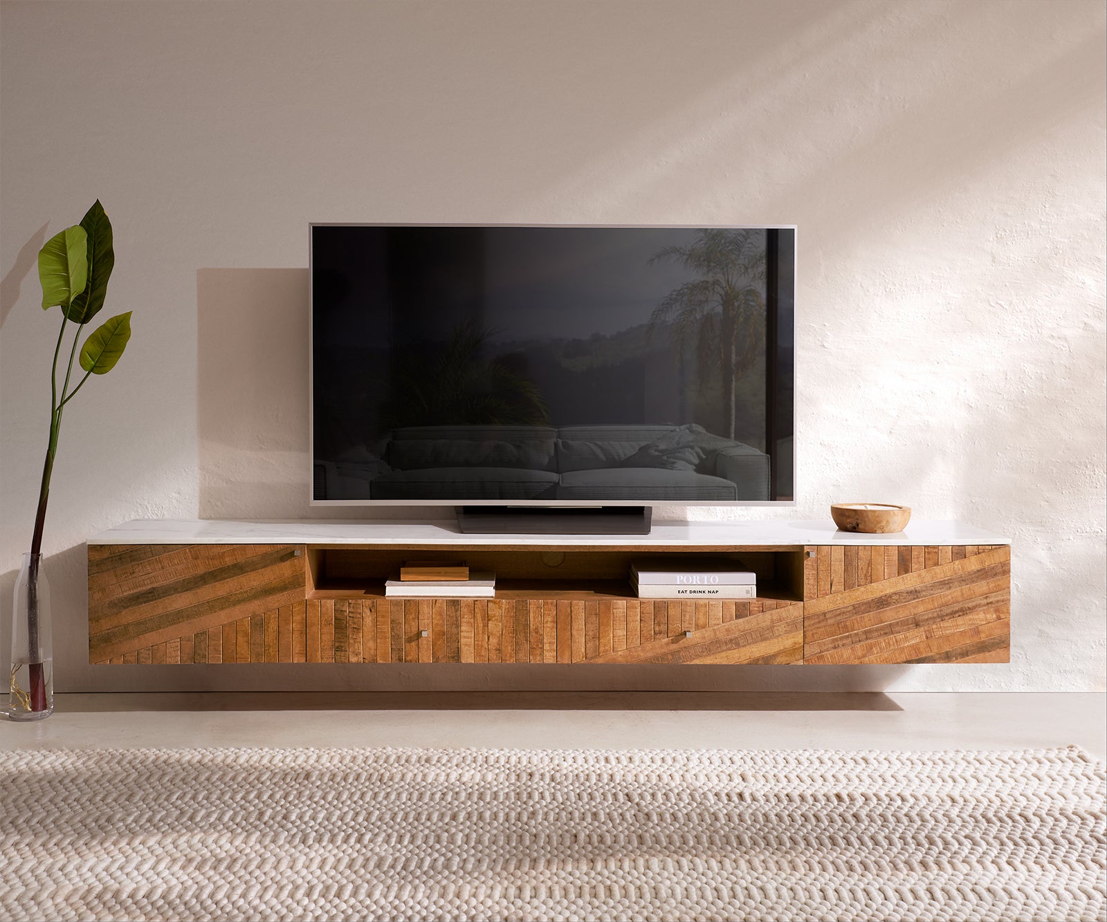 Floating TV Stand Bahan 220 cm 2 Doors Mango Wood Teak Marble Top