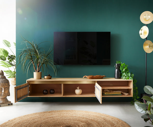 Floating TV Stand Budaya 175 cm 2 Doors 2 Compartments Mango Wood Natural