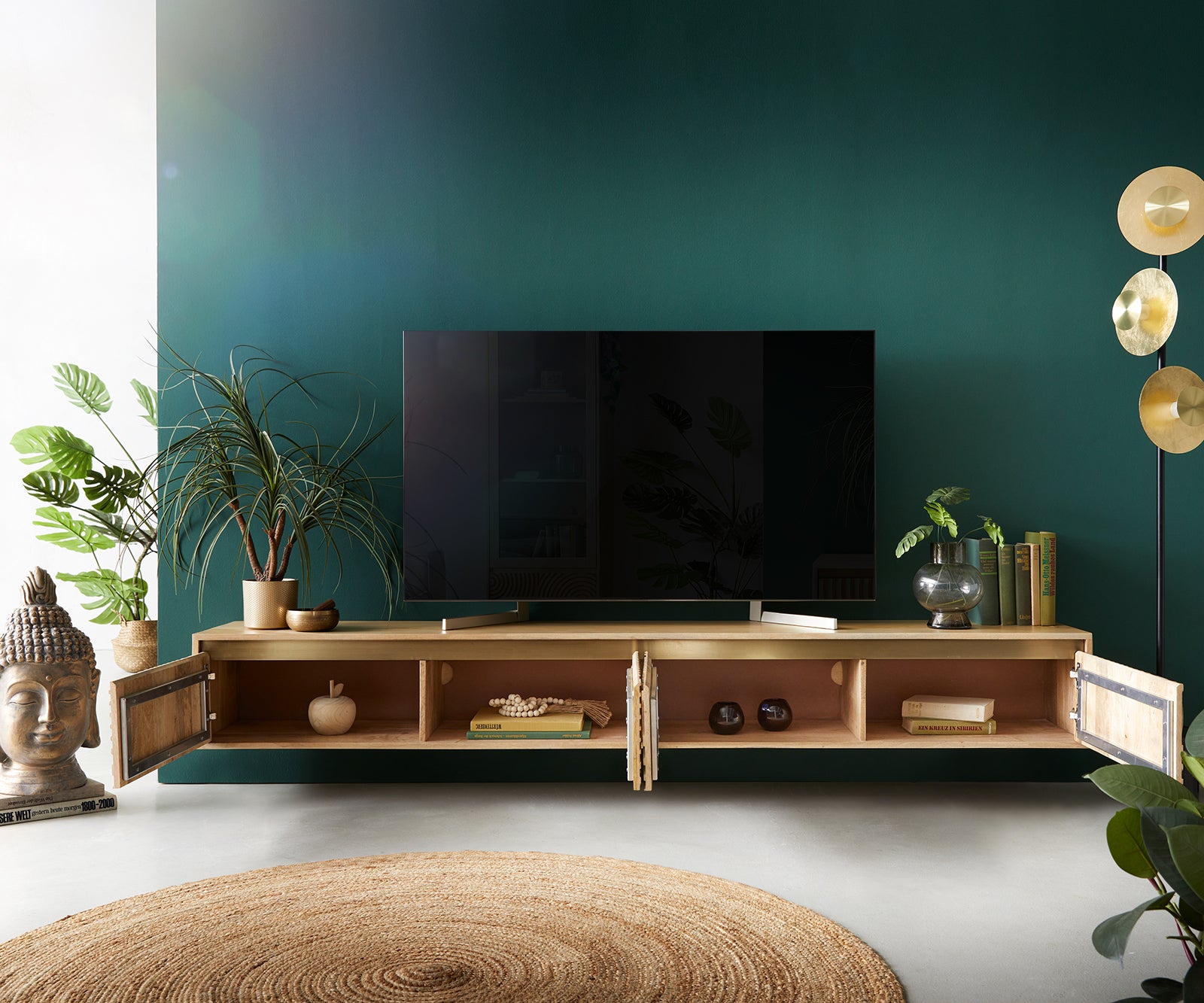 Floating TV Stand Budaya 220 cm 4 Doors Mango Wood Natural