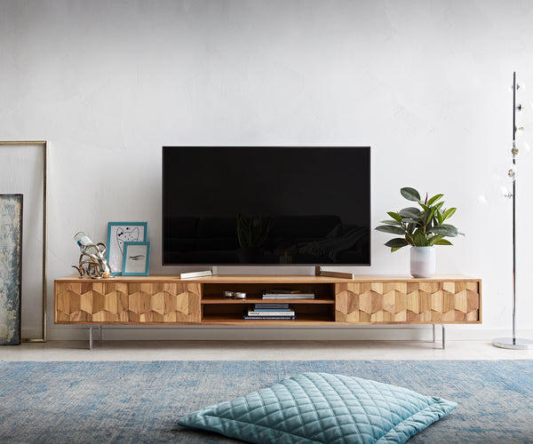 TV Stand Fevo 240 cm Acacia Wood Natural 4 Doors 2 Compartments