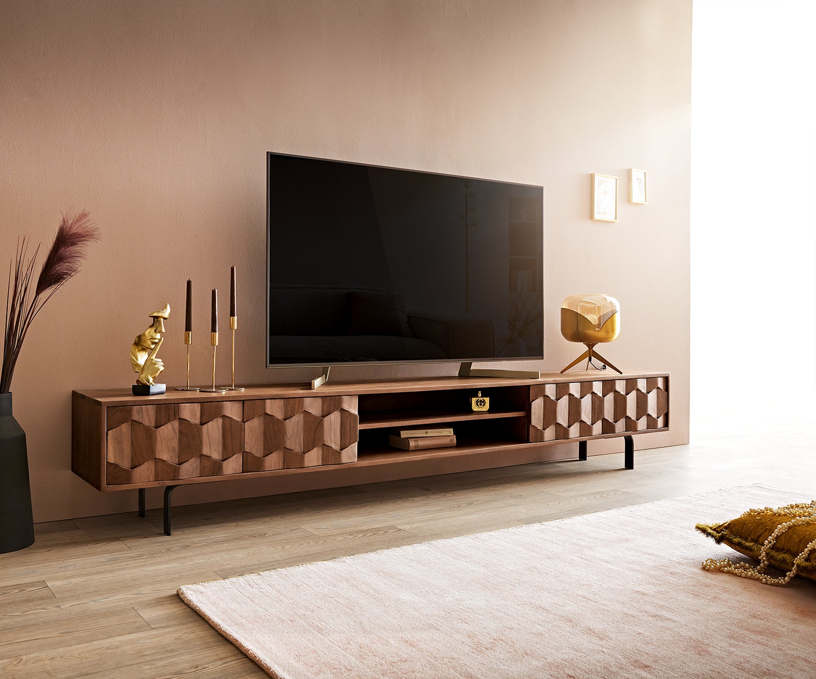 TV Stand Fevo 240 cm Acacia Wood Brown 4 Doors 2 Compartments