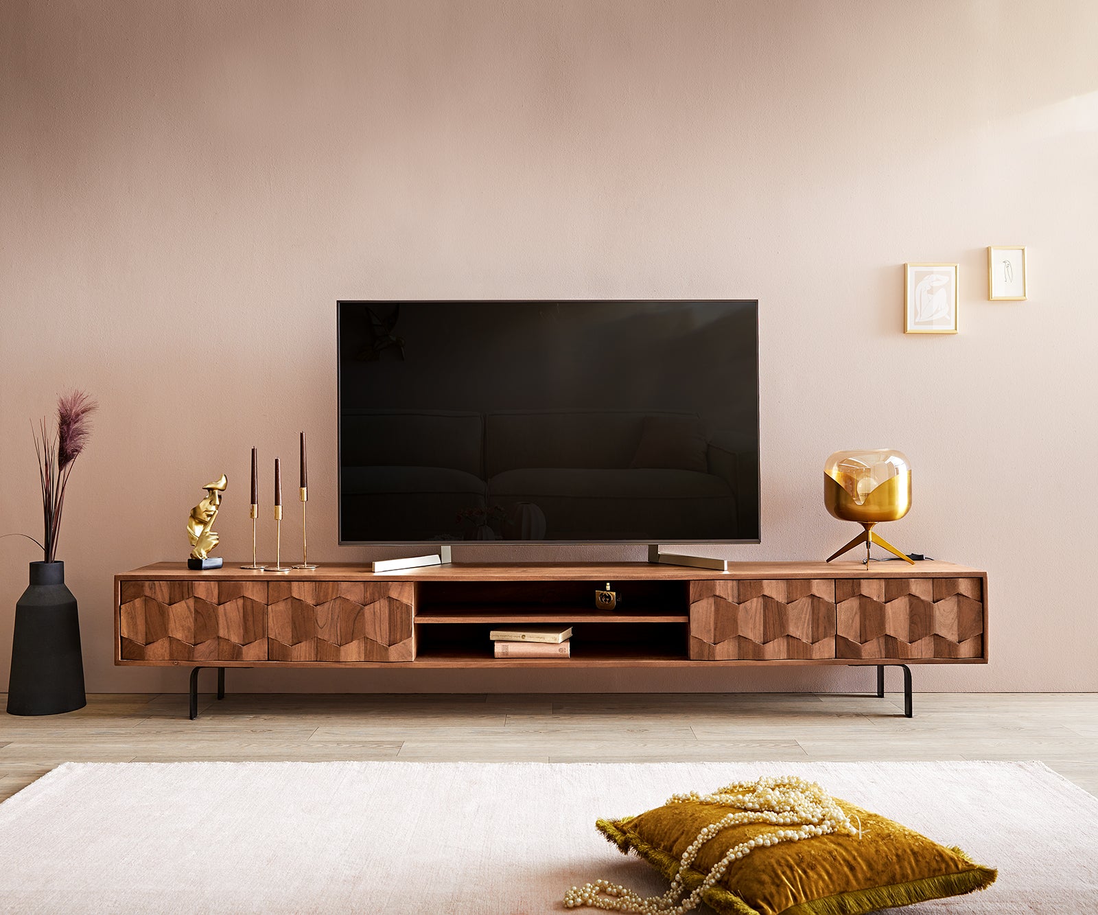 TV Stand Fevo 240 cm Acacia Wood Brown 4 Doors 2 Compartments