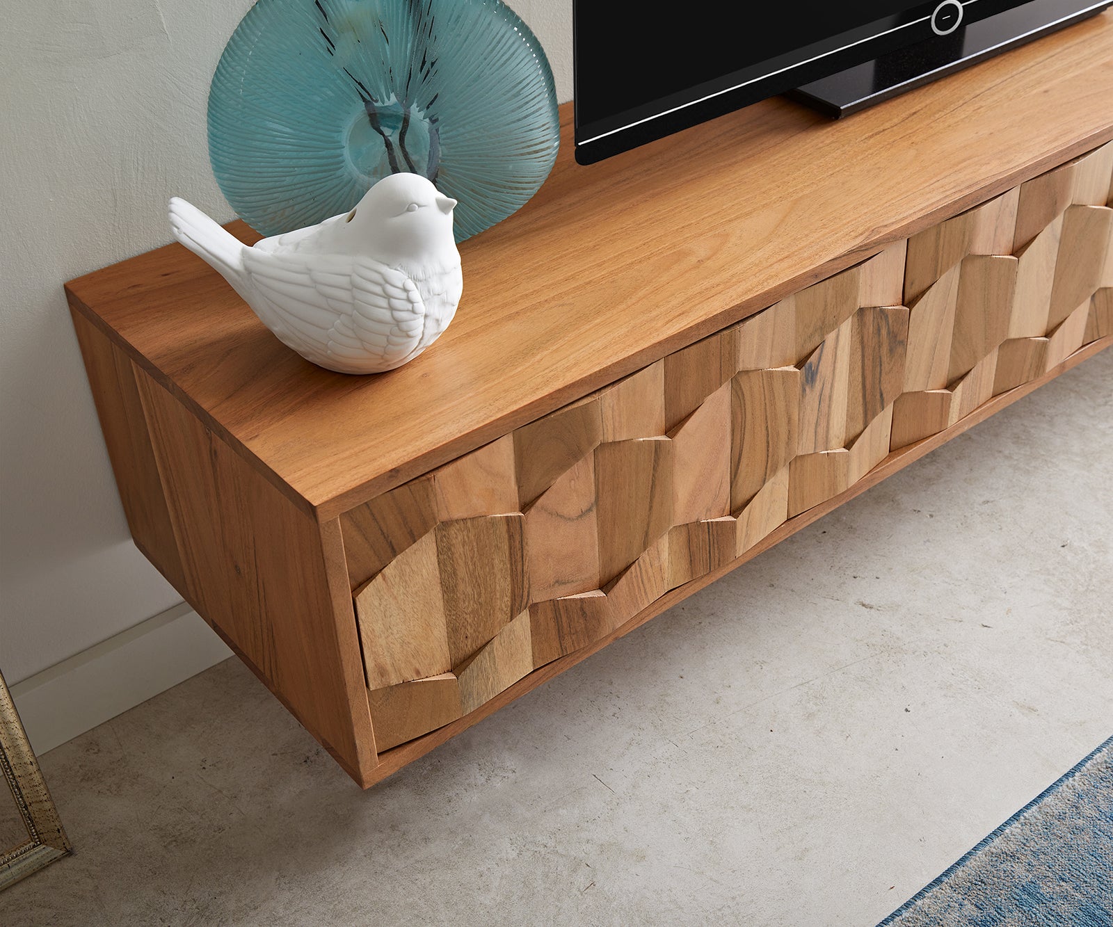 Floating TV Stand Fevo 160-200 cm Acacia Wood Natural 2 Doors 2 Compartments