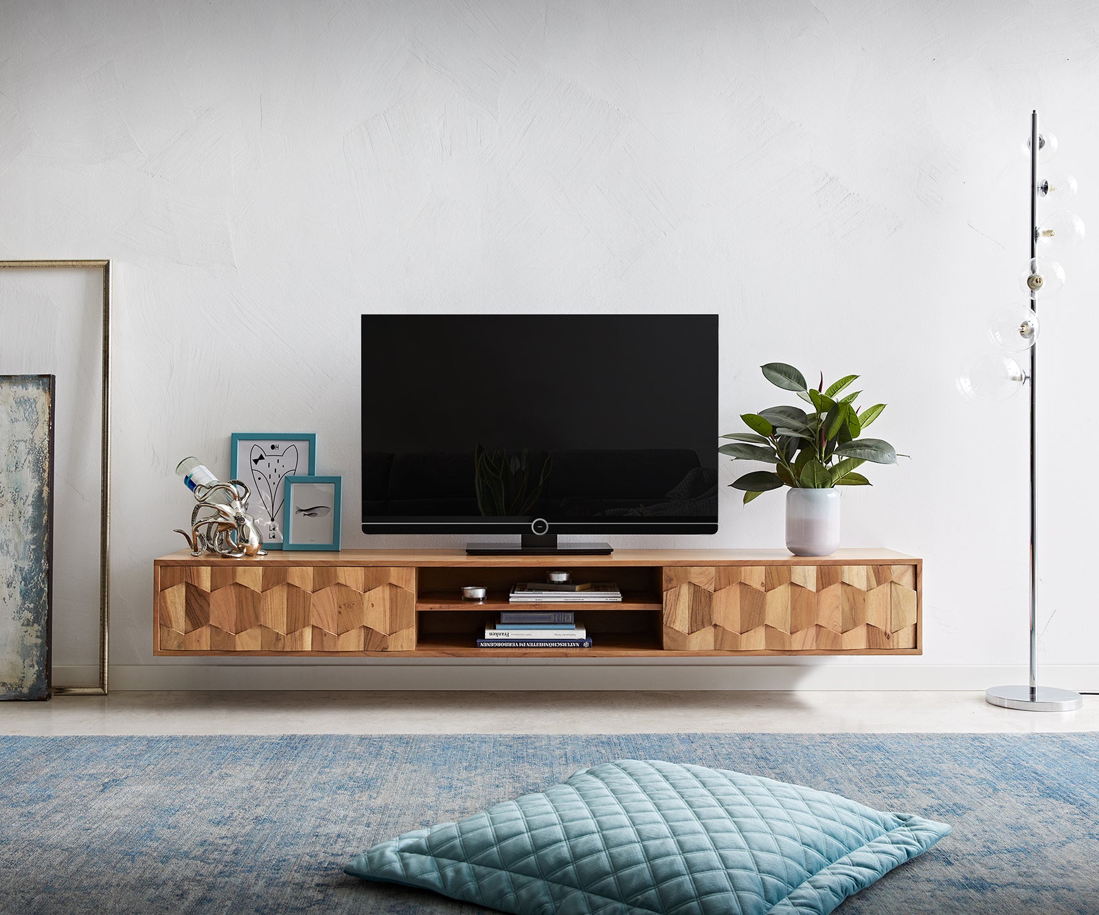 Floating TV Stand Fevo 160-200 cm Acacia Wood Natural 2 Doors 2 Compartments