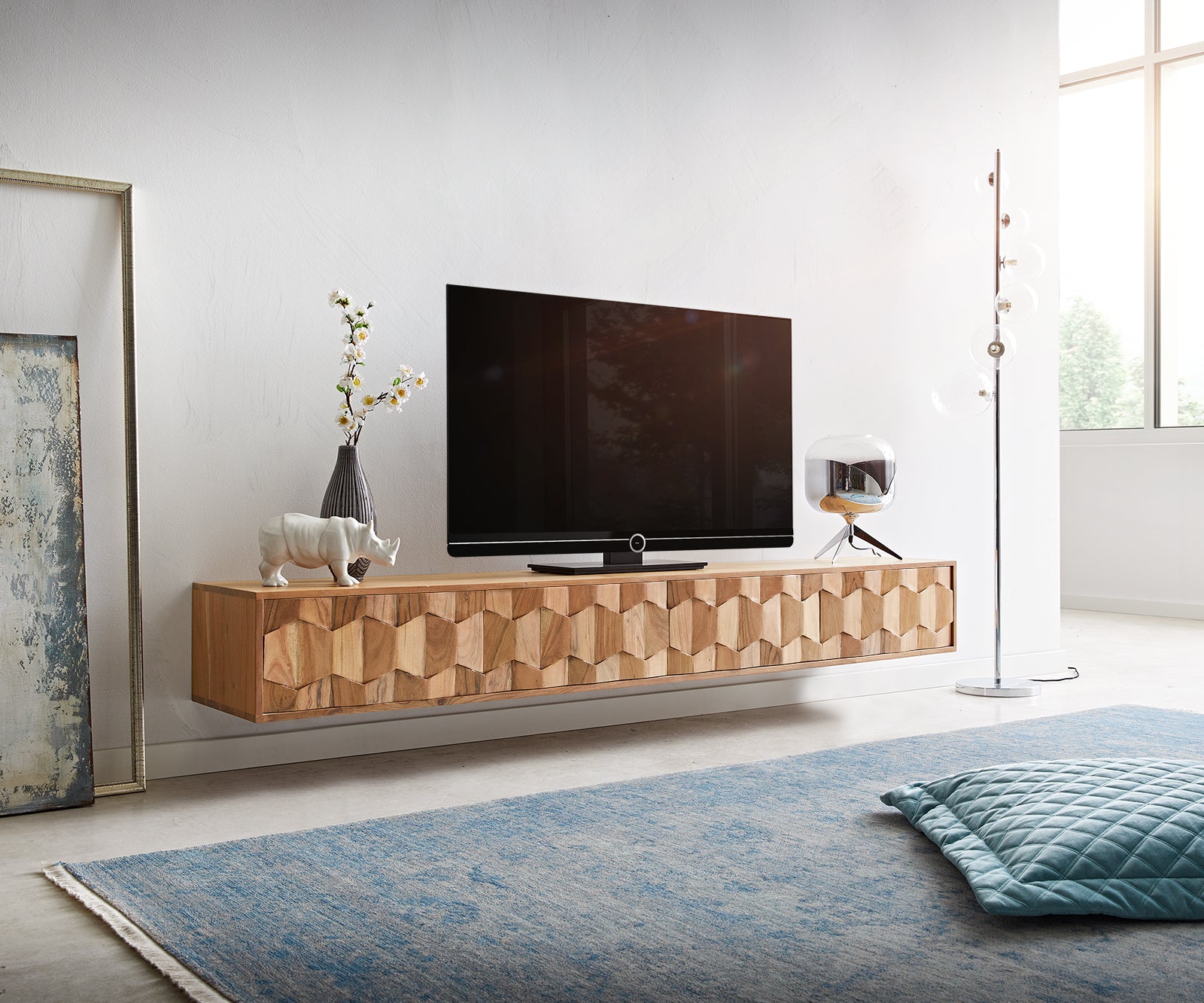 Floating TV Stand Fevo 200-220 cm Acacia Wood Natural 4 Doors