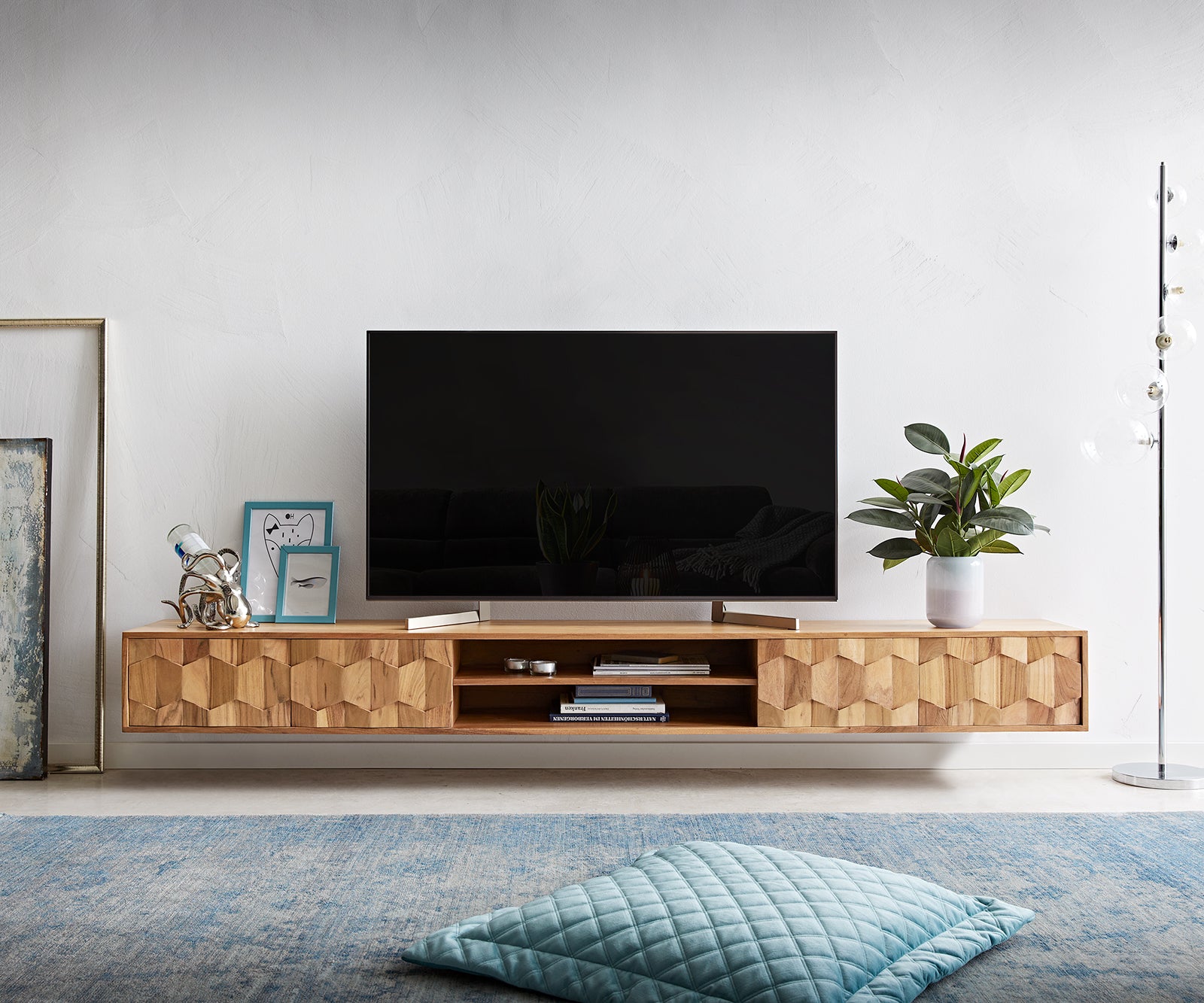 Floating TV Stand Fevo 240 cm Acacia Wood Natural 4 Doors 2 Compartments