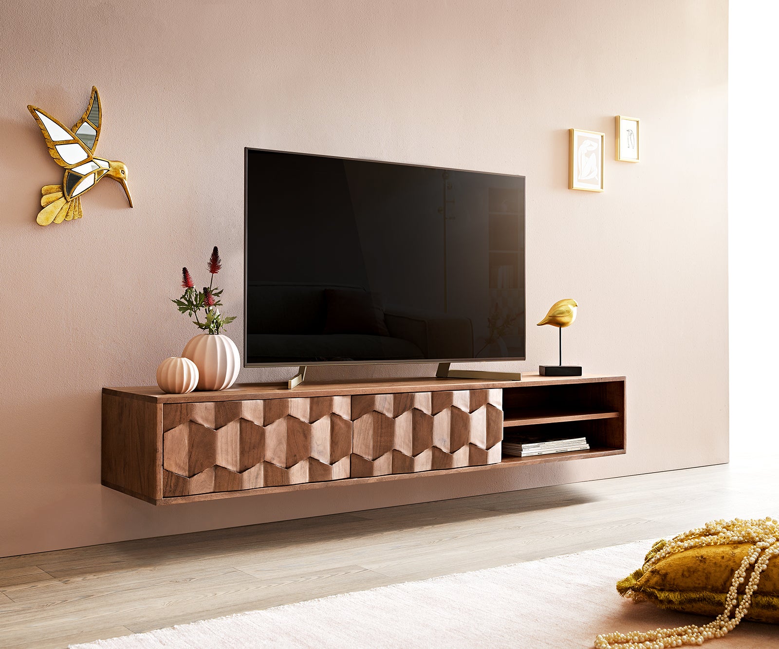 Floating TV Stand Fevo 160-200 cm Acacia Wood Brown 2 Doors 2 Compartments