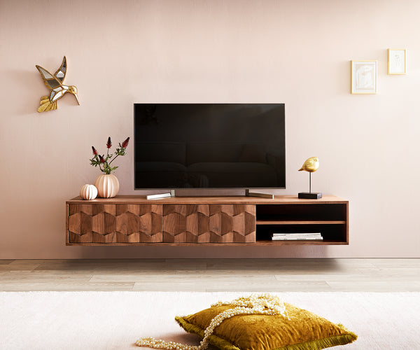 Floating TV Stand Fevo 160-200 cm Acacia Wood Brown 2 Doors 2 Compartments