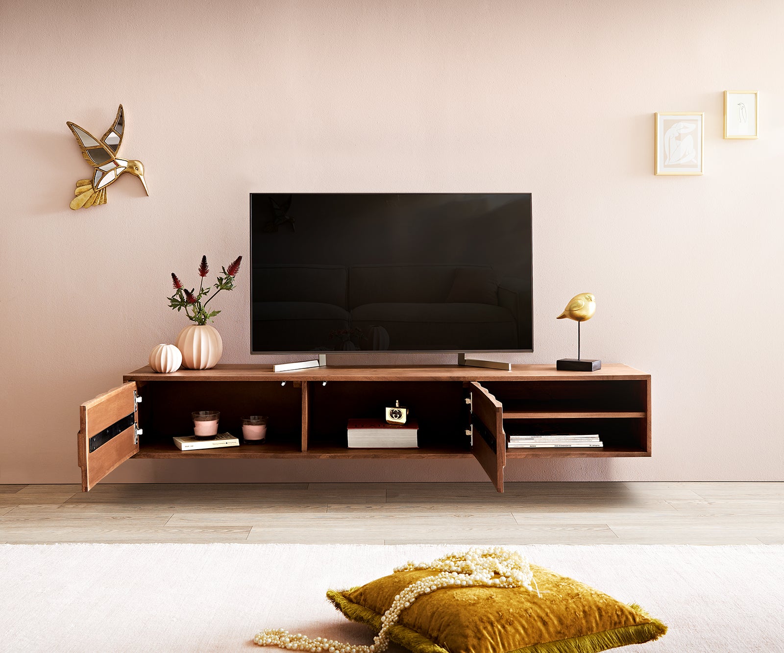 Floating TV Stand Fevo 160-200 cm Acacia Wood Brown 2 Doors 2 Compartments