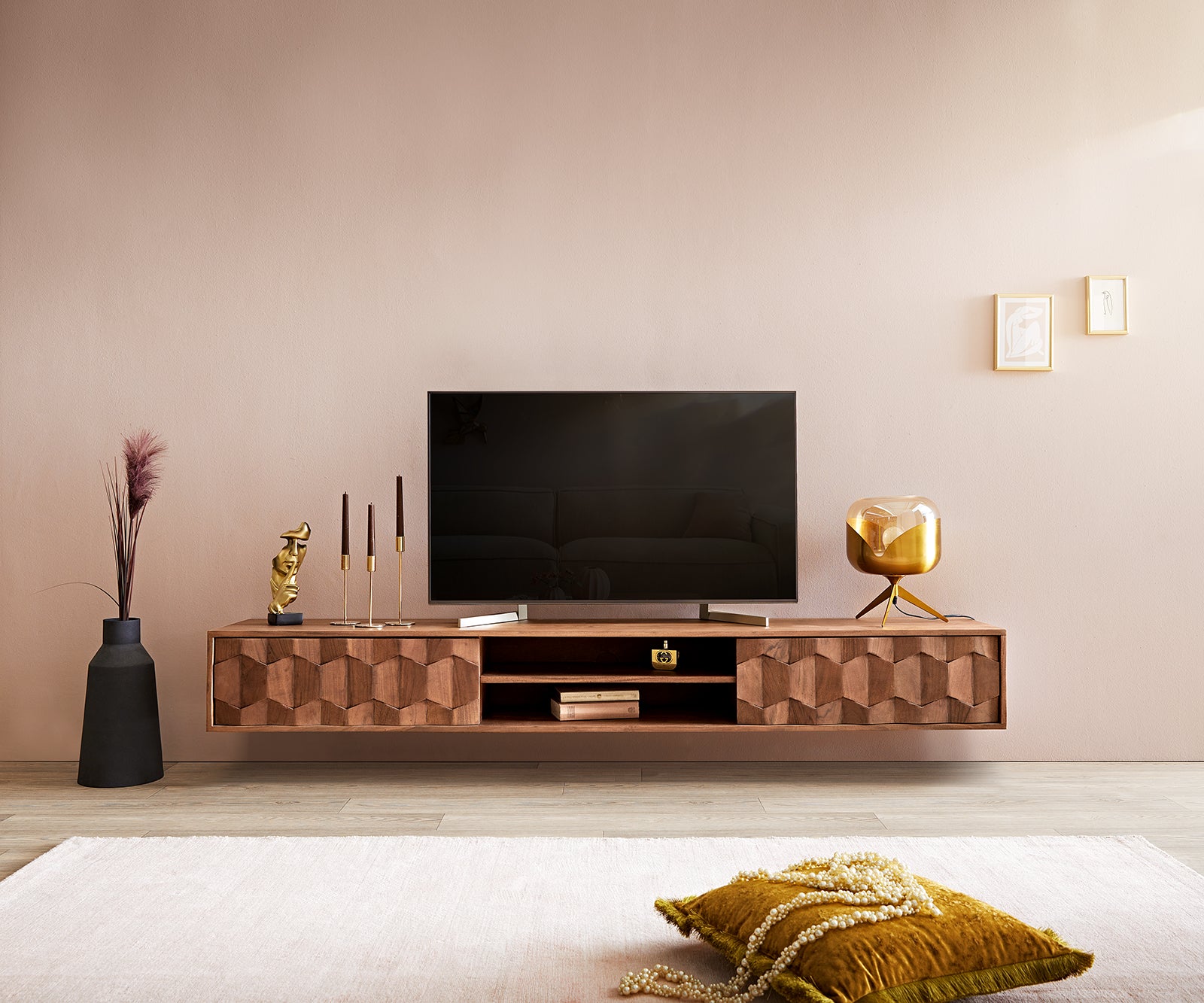 Floating TV Stand Fevo 160-200 cm Acacia Wood Brown 2 Doors 2 Compartments