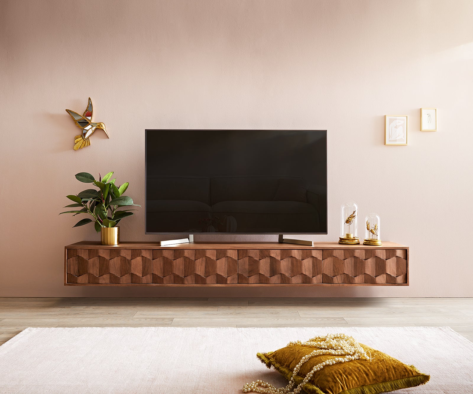 Floating TV Stand Fevo 220 cm Acacia Wood Brown 4 Doors