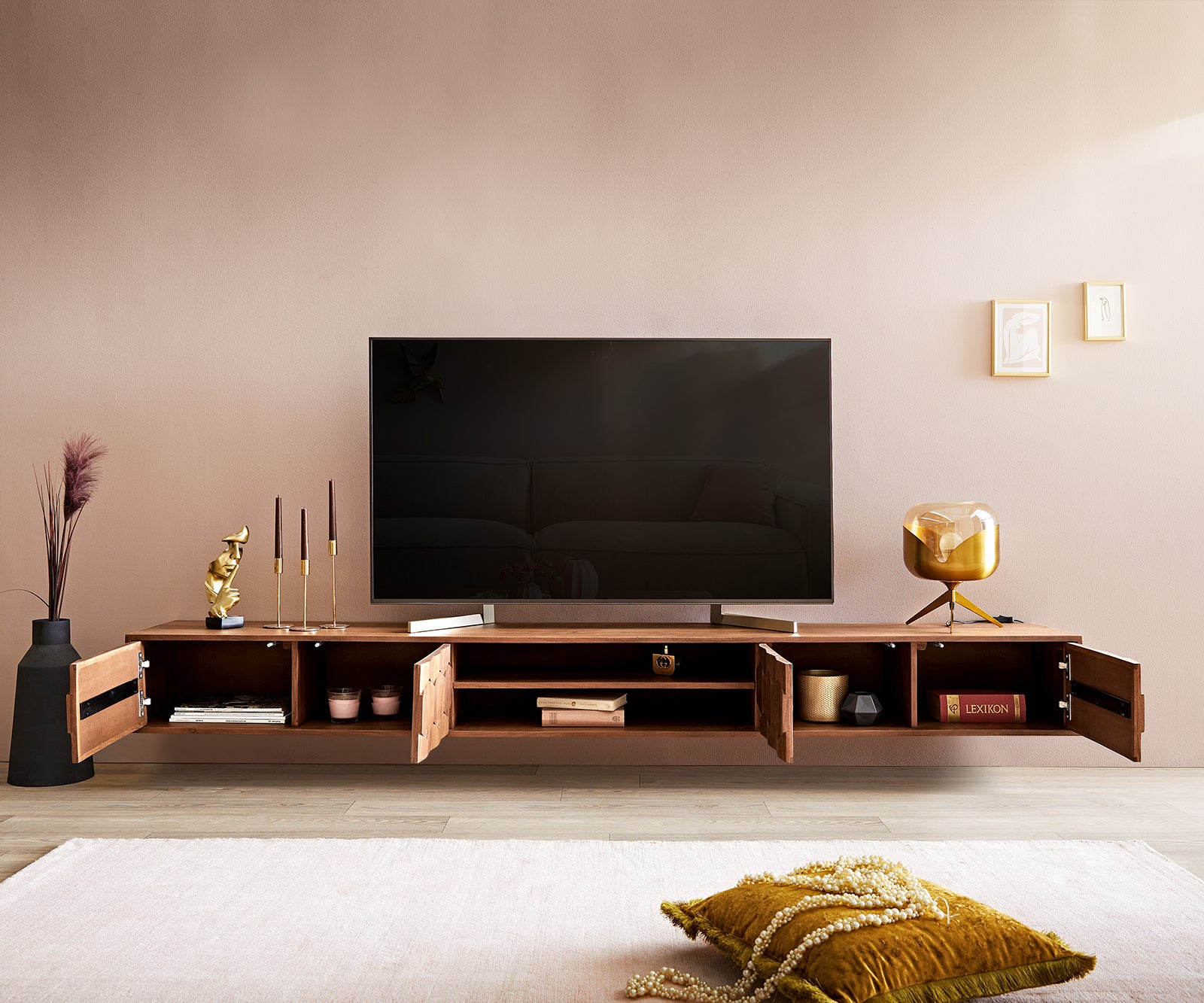 Floating TV Stand Fevo 240 cm Acacia Wood Brown 4 Doors 2 Compartments