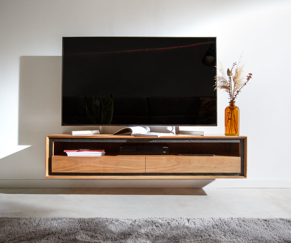 Floating TV Stand Stonegrace 145-240 cm Acacia Wood Natural Stone Veneer
