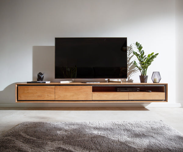 Floating TV Stand Stonegrace 175-240 cm 2 Doors Acacia Wood Natural Stone Veneer