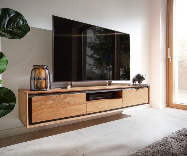 Stonegrace Floating TV Stand 175-240 cm - Acacia wood with natural stone veneer and two doors