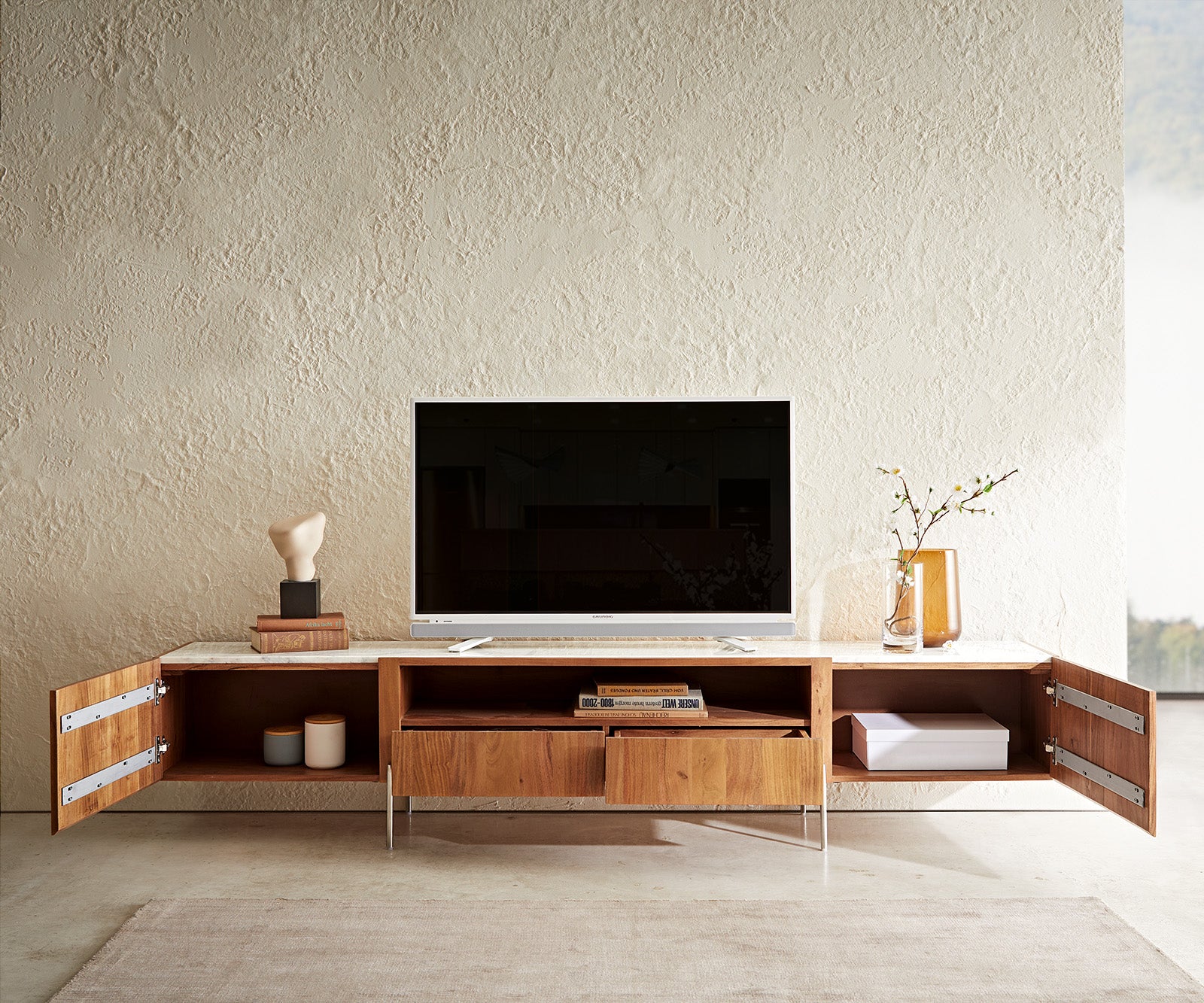 TV Stand Secara 220cm Acacia Wood Natural 2 Doors 2 Compartments