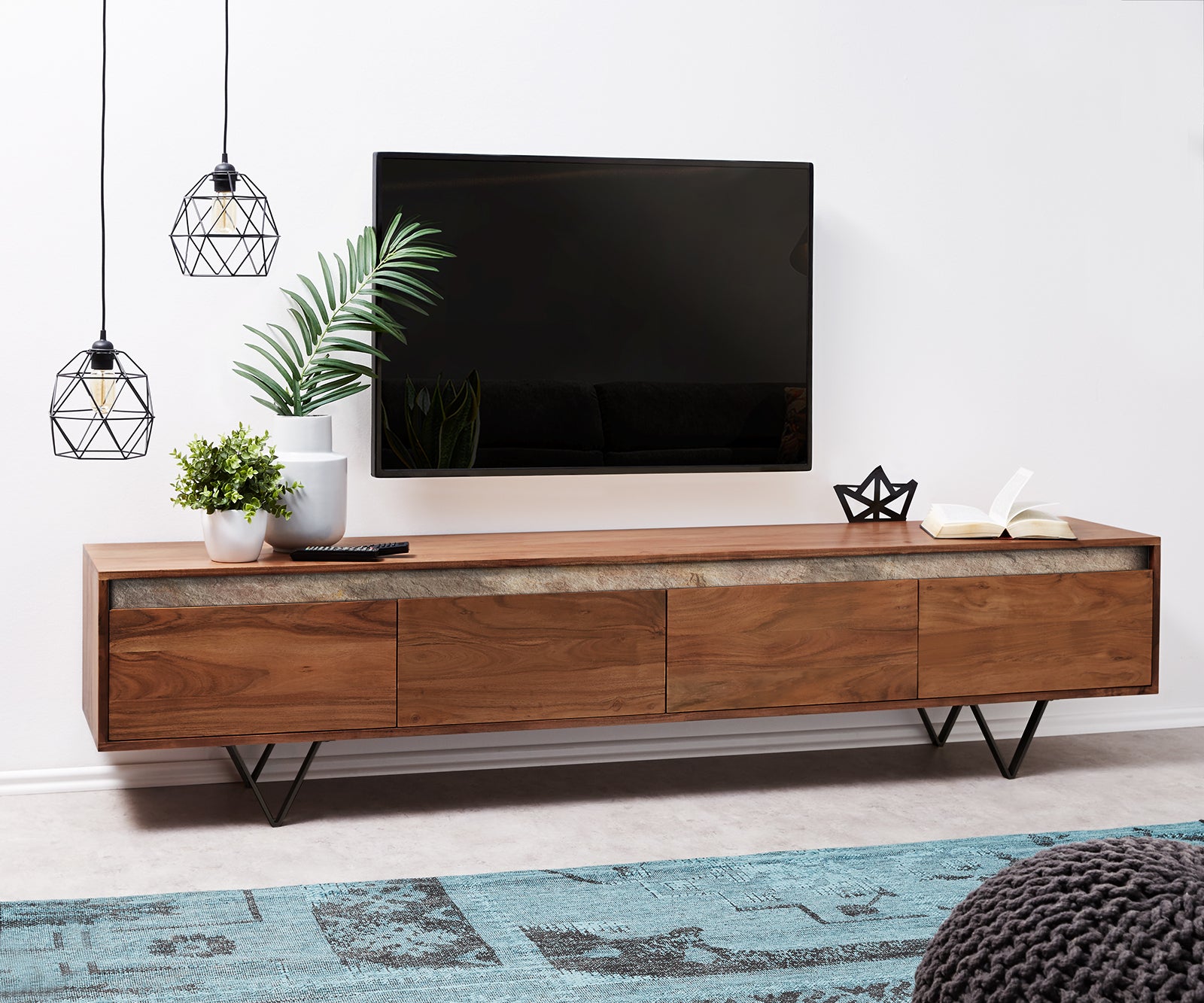 TV Stand Stonegrace 200 cm Acacia Wood Brown Slate V-Leg Black