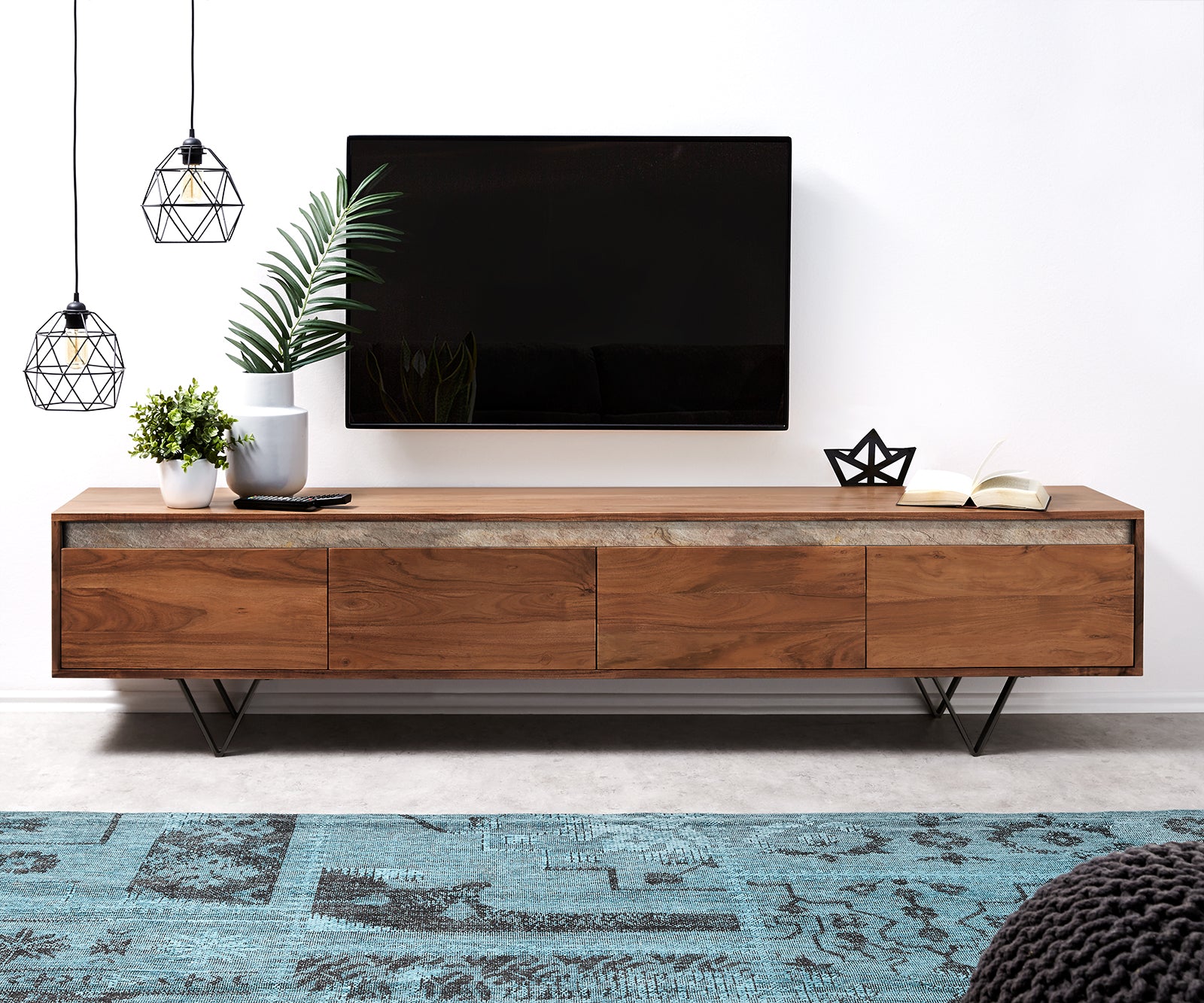 TV Stand Stonegrace 200 cm Acacia Wood Brown Slate V-Leg Black