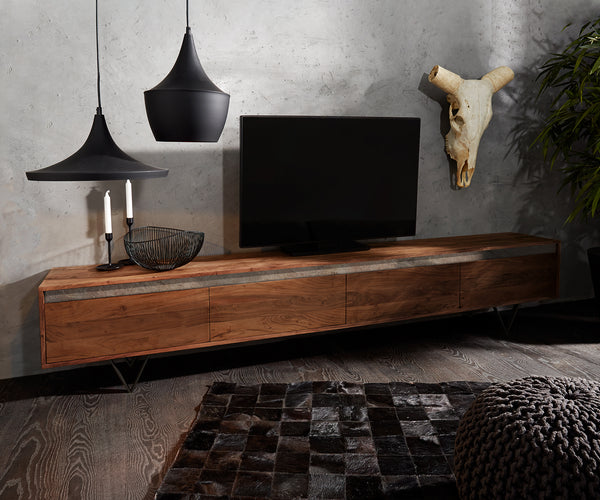 TV Stand Stonegrace 240 cm 4 Doors Acacia Wood Brown Slate V-Leg Black