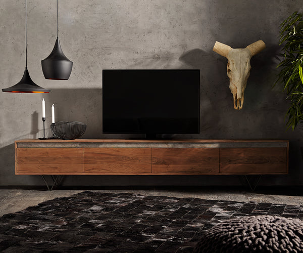 TV Stand Stonegrace 240 cm 4 Doors Acacia Wood Brown Slate V-Leg Black