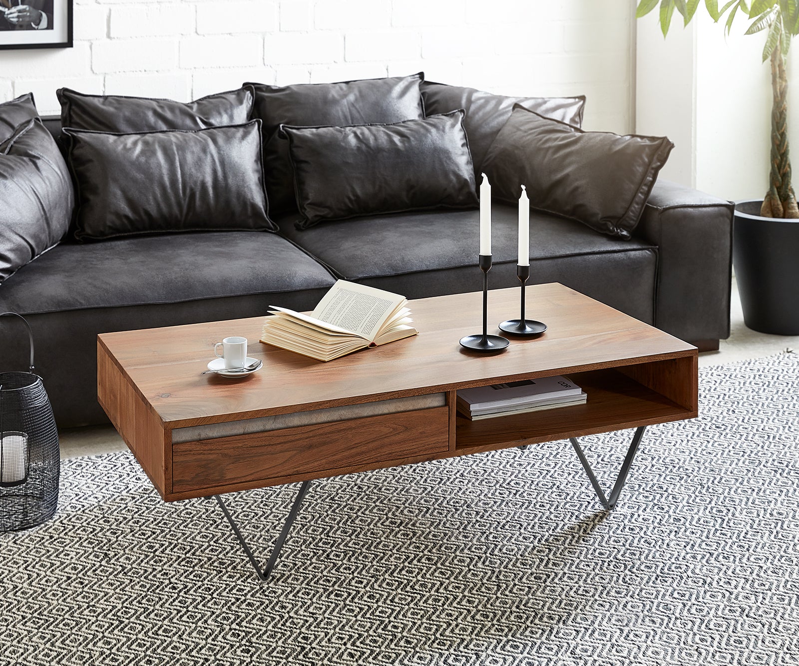 Coffee Table Stonegrace 115X60 cm Acacia Wood Brown And Slate
