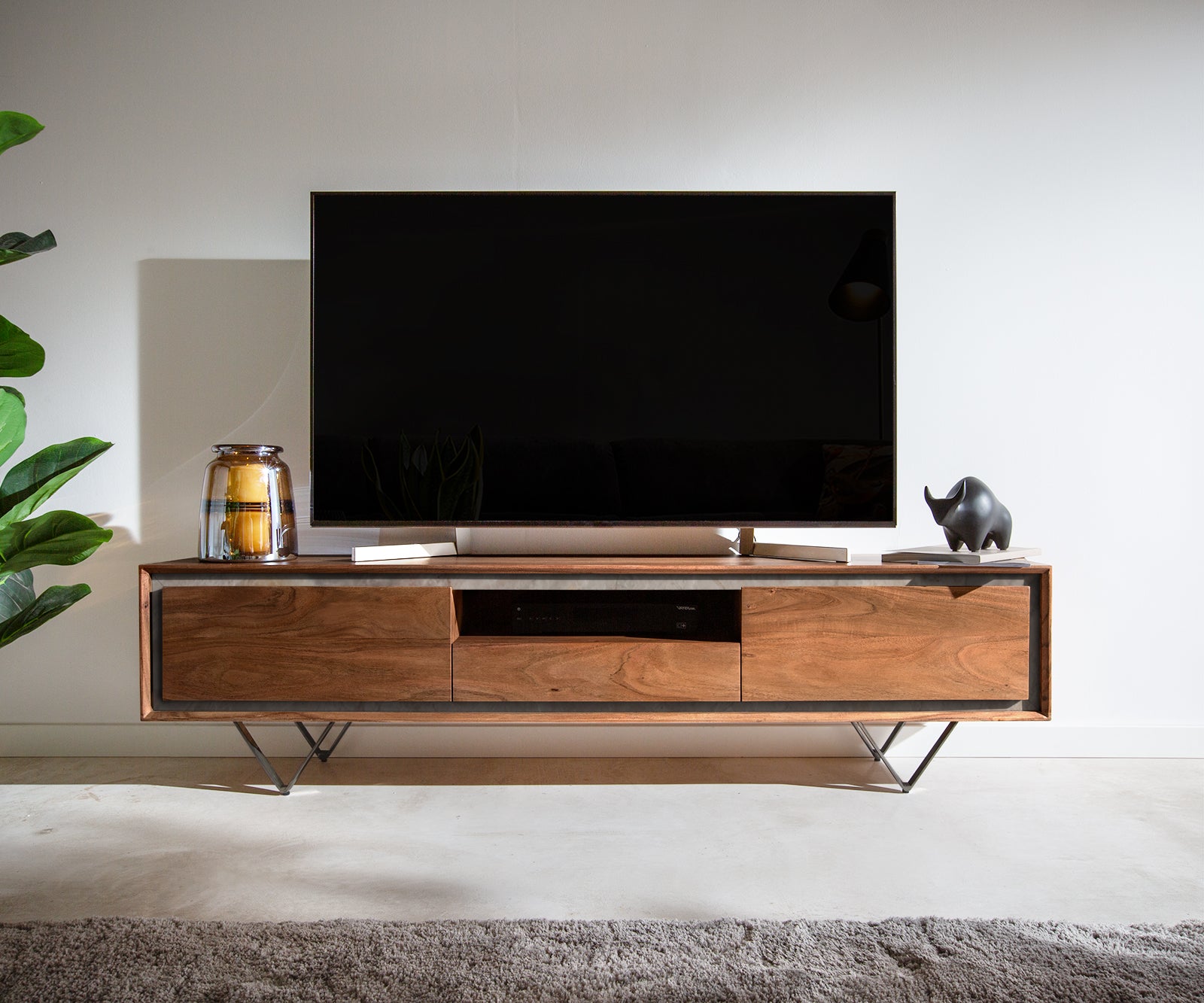 TV Stand Stonegrace 175-240 cm Acacia Wood Brown Stone Veneer V-Foot Black