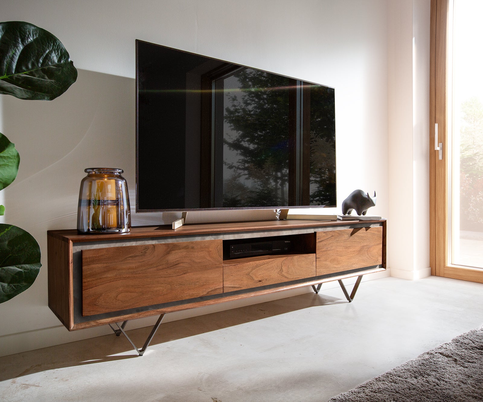 TV Stand Stonegrace 175-240 cm Acacia Wood Brown Stone Veneer V-Foot Black